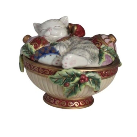 Fitz and Floyd Kristmas Kitty Lidded Box Candy Bowl Trinket Box Christmas - Picture 1 of 7